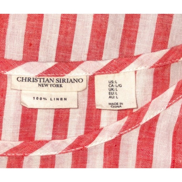 Christian Siriano LG Red White Stripe Linen Hi-Lo Short Sleeve Top Boho Beachy - Picture 4 of 5